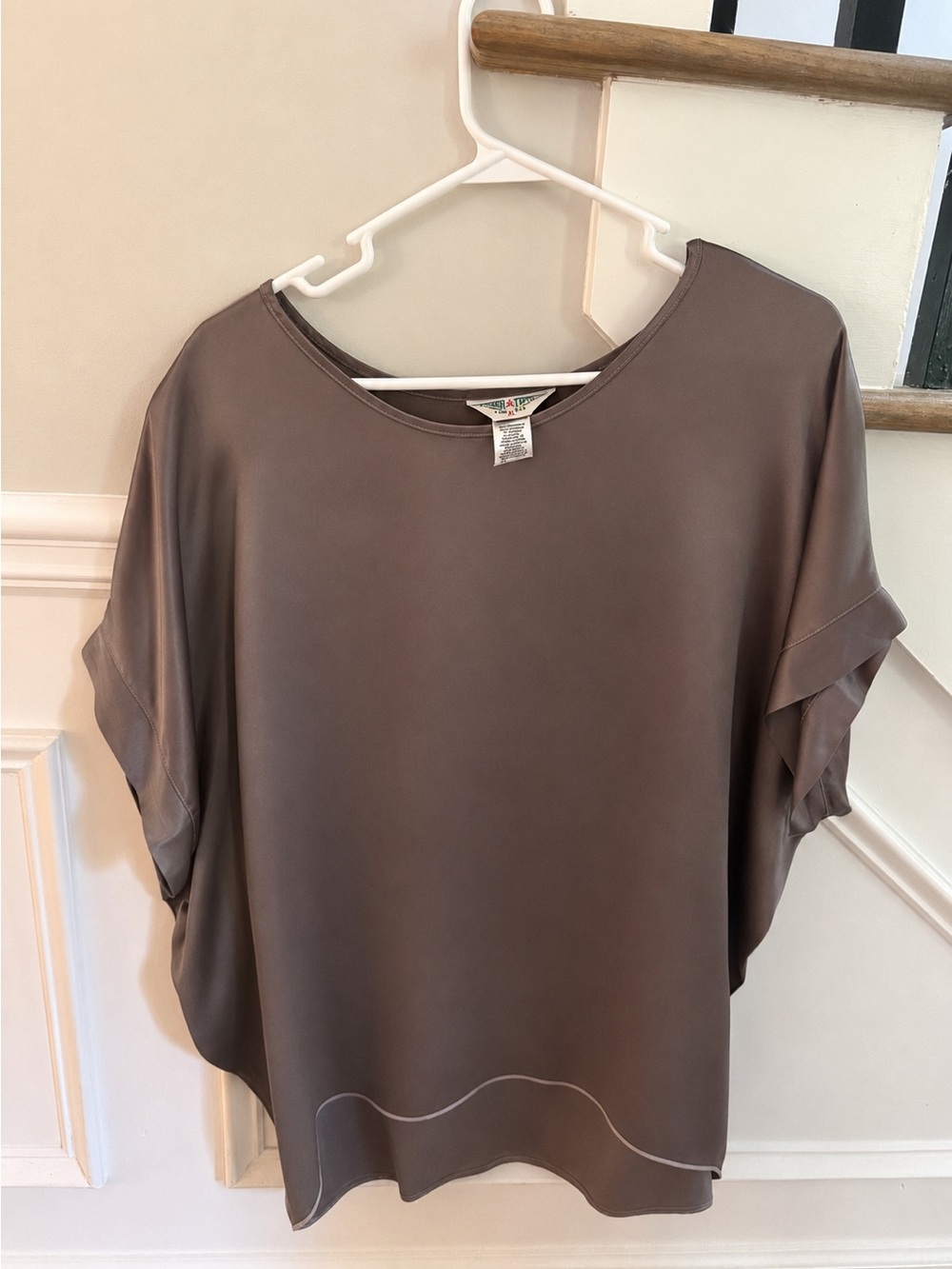 Hard Tail Relaxed Short-Sleeve Satin Blouse in Taupe - runs big